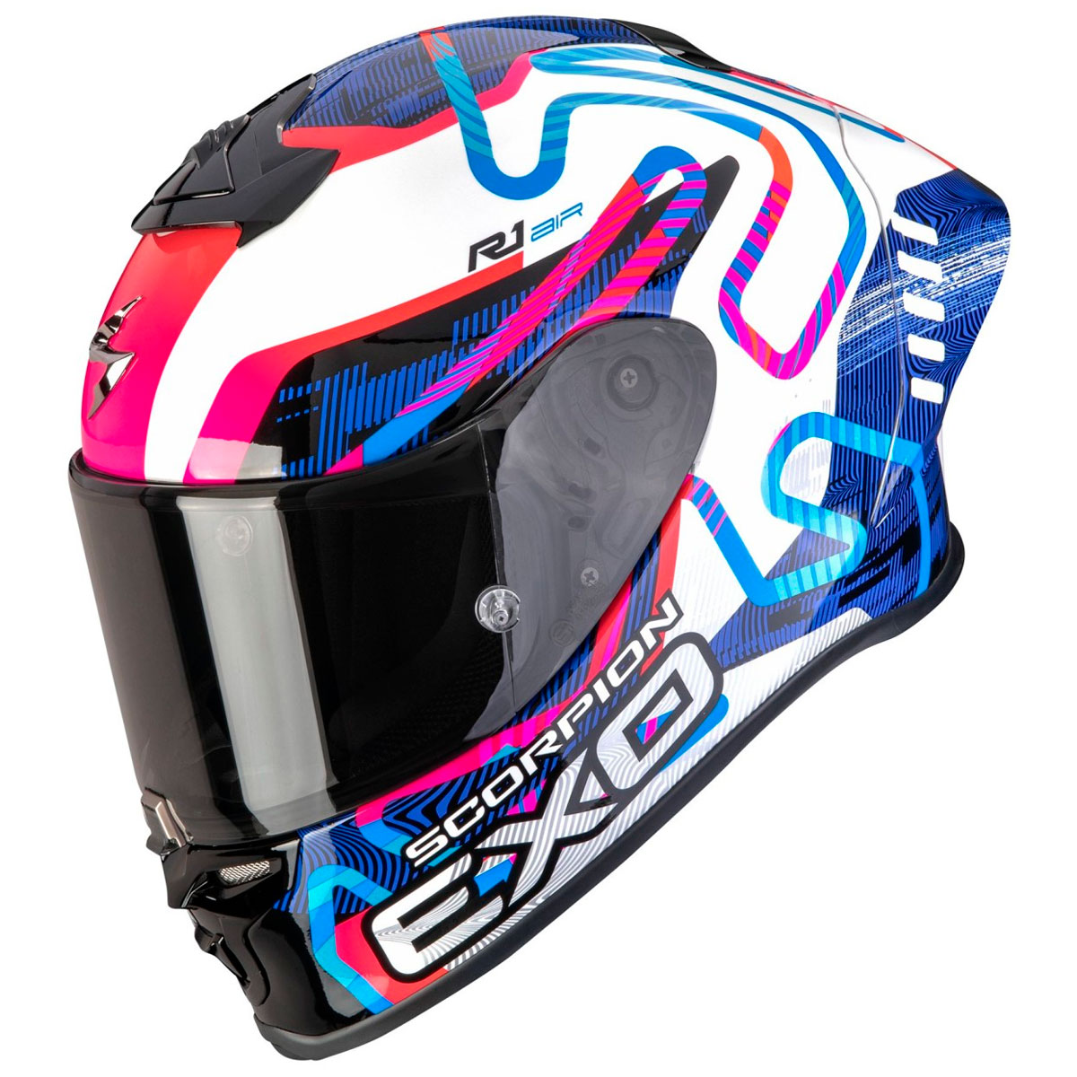 Casco moto Scorpion EXO-R1 EVO II AIR CORNERING Blanco Azul Rosa