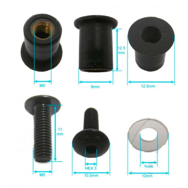 Tornillos de carenado aluminio negro con tuerca de goma 5x16