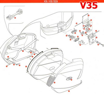 Despiece de las maletas laterales Givi V35 y V35Tech, todos los repuestos